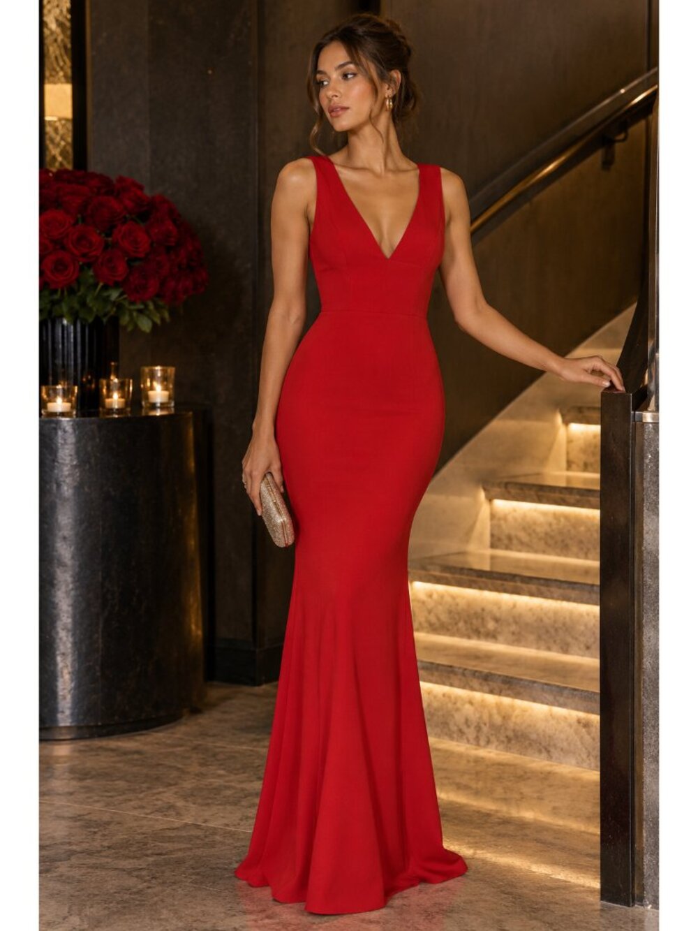 $498 A.B.S. by Allen Schwartz Red V-neck Sleeveless Gown Size M Formal Dress M